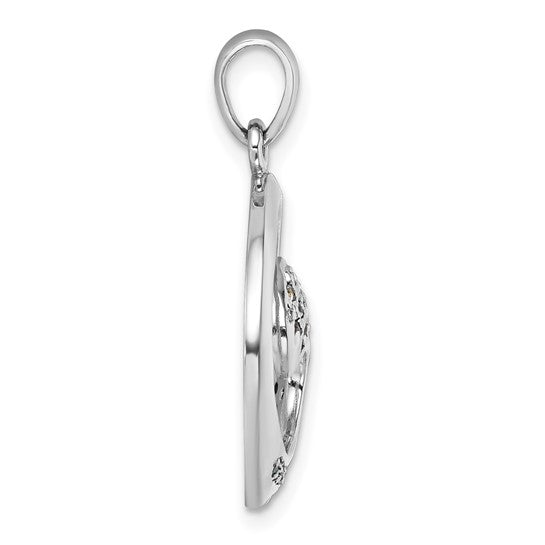 Side view of the Presco/Quality Gold Crystal Medium Blue Wave Pendant, featuring a shiny, oval-shaped design with a loop for necklace attachment. Its elegant, curved edge showcases subtle detailing and refined craftsmanship.