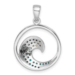 The Crystal Medium Blue Wave Pendant by Presco/Quality Gold features a sterling silver open circular design with small blue and dark accent stones in a gradient along the inner curve.