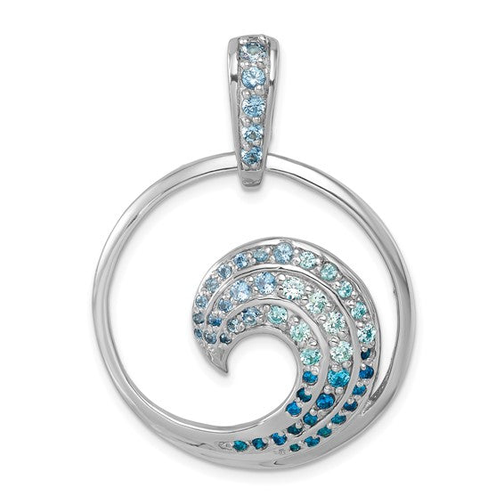 The Crystal Blue Wave Pendant by Presco/Quality Gold features a sterling silver circular wave design with gradient blue and turquoise gemstones, plus extra gemstone accents on the bail.