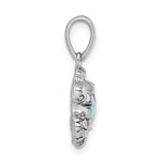 Side view of the Crystal Medium Aqua Turtle Pendant by Presco/Quality Gold, crafted in sterling silver with a large oval aqua crystal center, a simple rounded bail, and decorative detailing around the gemstone.