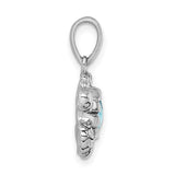 Side view of the Crystal Medium Aqua Turtle Pendant by Presco/Quality Gold, crafted in sterling silver with a large oval aqua crystal center, a simple rounded bail, and decorative detailing around the gemstone.