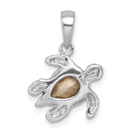The Presco/Quality Gold Crystal Medium Aqua Turtle Pendant features a smooth, gold-toned shell at the center and textured details on the head, legs, and tail, finished with a simple silver loop for chain attachment.