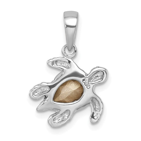 The Presco/Quality Gold Crystal Medium Aqua Turtle Pendant features a smooth, gold-toned shell at the center and textured details on the head, legs, and tail, finished with a simple silver loop for chain attachment.