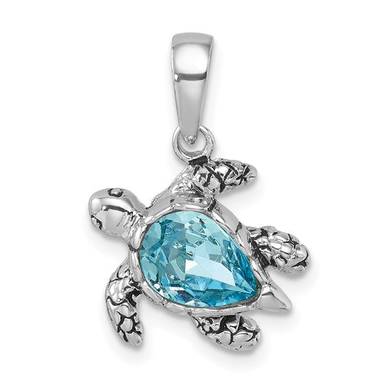 The Crystal Medium Aqua Turtle Pendant by Presco/Quality Gold features a faceted aqua crystal shell and detailed sterling silver flippers, perfect for ocean lovers.