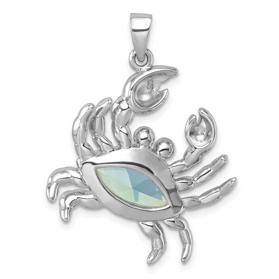 The Presco/Quality Gold Crystal Crab Pendant features detailed silver legs and claws with a faceted, oval light blue gemstone at the center, making it an eye-catching piece of crystal jewelry.