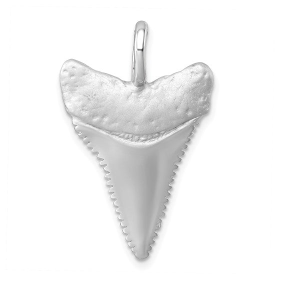 The Sterling Silver Brushed Great White Shark Tooth Pendant by Presco/Quality Gold features a textured upper edge, smooth pointed tip, minimalist design, and a small top loop for hanging.