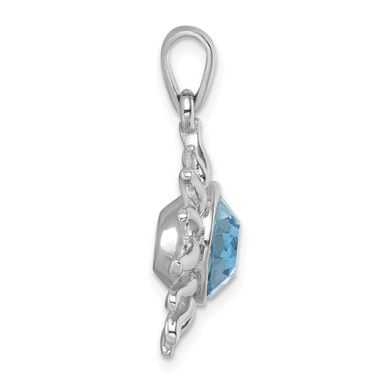 Side view of the Presco/Quality Gold Crystal Sun with Aqua Crystal Pendant, showcasing an aqua crystal gemstone in a hexagonal setting with twisted metal details and a top loop for attaching to a chain.