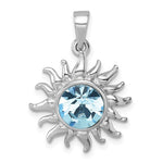 The Presco/Quality Gold Crystal Sun with Aqua Crystal Pendant features a sterling silver sun design with wavy rays and a large, round aqua crystal at the center.