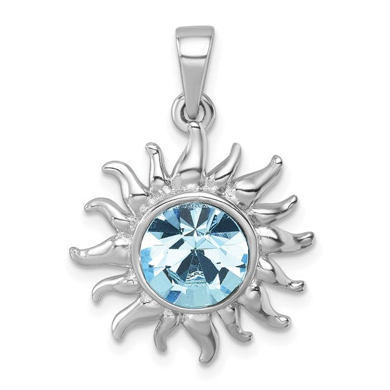 The Presco/Quality Gold Crystal Sun with Aqua Crystal Pendant features a sterling silver sun design with wavy rays and a large, round aqua crystal at the center.