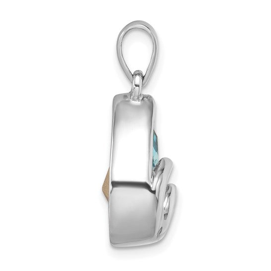 The Crystal Wave Tear Drop Pendant by Presco/Quality Gold showcases a polished sterling silver side profile, centered with a light blue gemstone and accented by gold near the stone, complete with a top loop for chains.