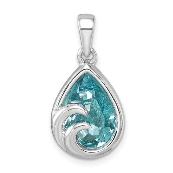 The Crystal Wave Tear Drop Pendant by Presco/Quality Gold features a teardrop-shaped sterling silver design with a blue gemstone center and an elegant silver wave overlay.