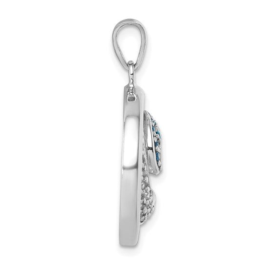 The Crystal Double Blue & White Wave Pendant by Presco/Quality Gold features a sterling silver wave design with smooth edges, a top loop for chains, and blue and clear crystals accenting one side.