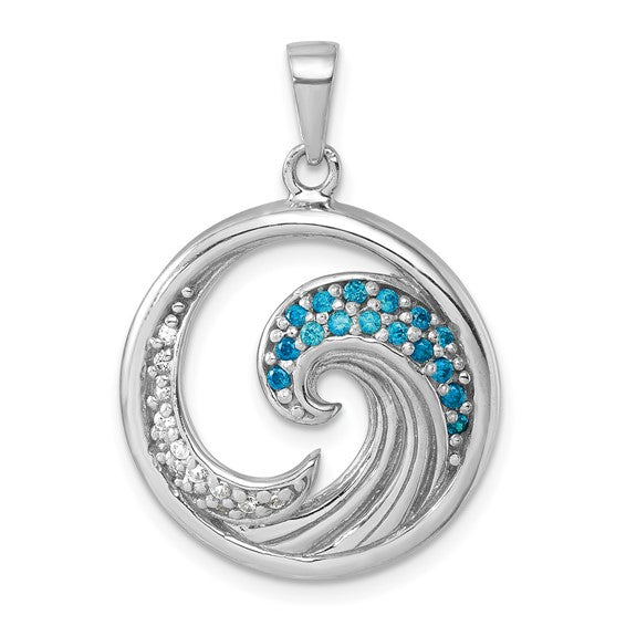 The Crystal Double Blue & White Wave Pendant by Presco/Quality Gold features a sterling silver circular frame with sparkling blue and clear crystals, elegantly capturing ocean waves in shimmering detail.