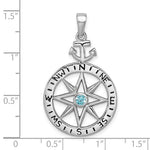 The Presco/Quality Gold Swarovski Crystals Compass w/ Anchor Pendant features a sterling silver compass rose with an anchor at the top and a blue Swarovski crystal center, shown against inch measurements for scale.