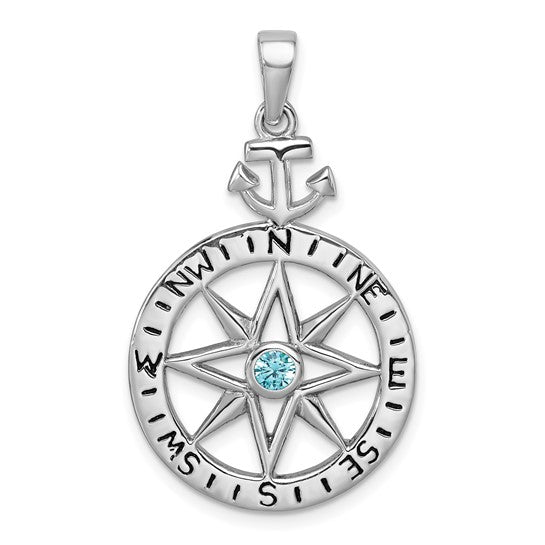 The Presco/Quality Gold Swarovski Crystals Compass w/ Anchor Pendant features a compass rose with blue Swarovski crystal, cardinal directions, and an anchor-shaped bail—a striking sterling silver addition to any jewelry collection.