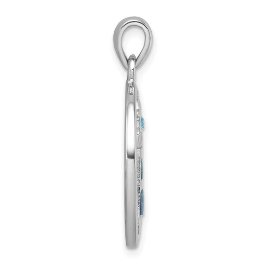 Side view of the Presco/Quality Gold Crystal Lighthouse Pendant shows a thin, round sterling silver design with a top loop for a chain and blue and clear crystal-like details along the edge.