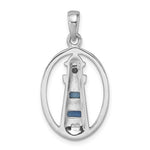 The Presco/Quality Gold Crystal Lighthouse Pendant features an openwork sterling silver lighthouse with two blue enamel accents and a small black stone near the top, hanging from a polished bail—perfect for adding nautical charm to your collection.