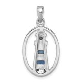 The Presco/Quality Gold Crystal Lighthouse Pendant features an openwork sterling silver lighthouse with two blue enamel accents and a small black stone near the top, hanging from a polished bail—perfect for adding nautical charm to your collection.