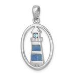 The Presco/Quality Gold Crystal Lighthouse Pendant is an oval sterling silver piece with a lighthouse design, blue enamel accents, a small blue gemstone at the top, and hangs from a smooth bail.