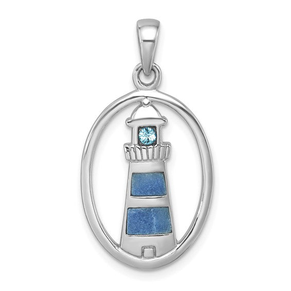 The Presco/Quality Gold Crystal Lighthouse Pendant showcases two blue enamel stripes and a round blue gemstone at the top, elegantly framed by an oval sterling silver border.