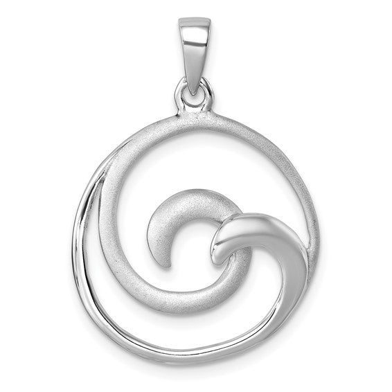 The Sterling Silver Double Wave Pendant by Presco/Quality Gold features a minimalist spiral wave design with polished and matte finishes, suspended from a simple loop bail.