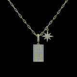 The Be-Je Designs Gold Pave CZ Starburst & Cross Necklace features sparkling pendants—a dazzling starburst and a shimmering cross—on an adjustable 14kt gold chain for timeless elegance.