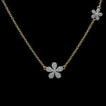 The Be-Je Designs Gold 2 Pave CZ Flower Necklace features two sparkling cz flower pendants—one large and one small—crafted in 14kt gold, shown on a plain black background.