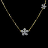 The Be-Je Designs Gold 2 Pave CZ Flower Necklace features two sparkling cz flower pendants—one large and one small—crafted in 14kt gold, shown on a plain black background.