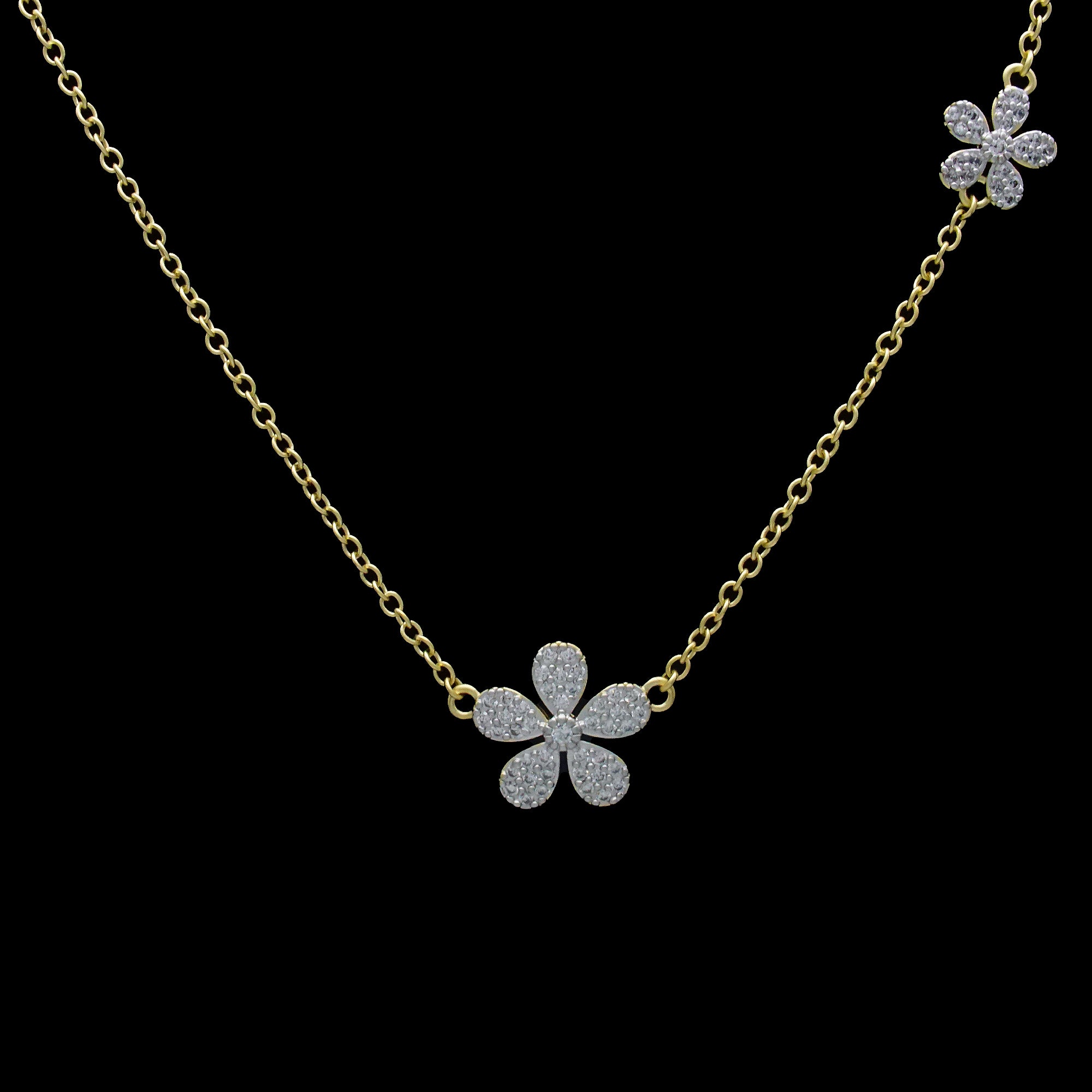 The Be-Je Designs Gold 2 Pave CZ Flower Necklace features two sparkling cz flower pendants—one large and one small—crafted in 14kt gold, shown on a plain black background.
