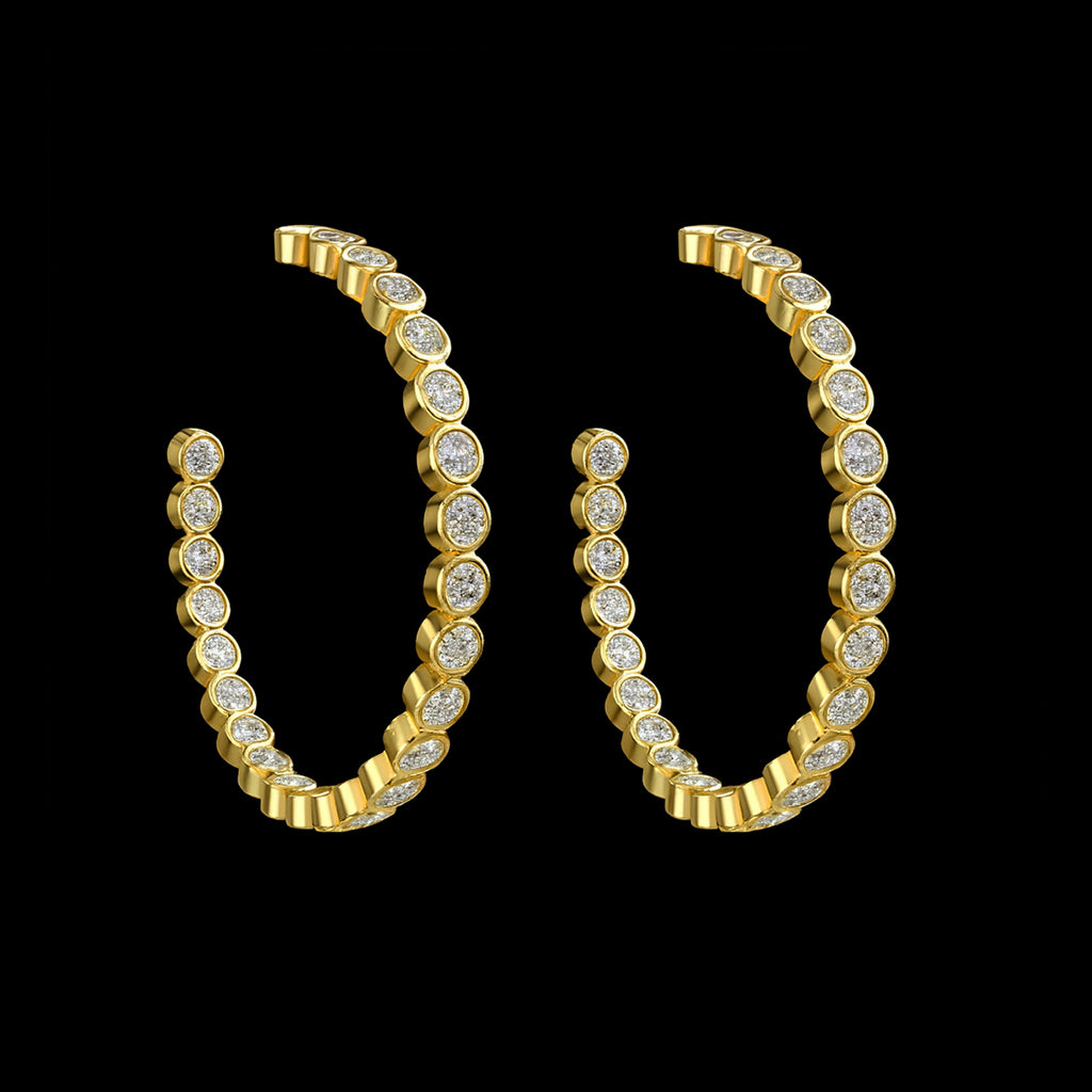 Be-Je Designs Gold/Clear Round CZ Hoop Earrings feature rows of round cubic zirconia along the outer edge, set in 14kt gold and shown against a solid black background.