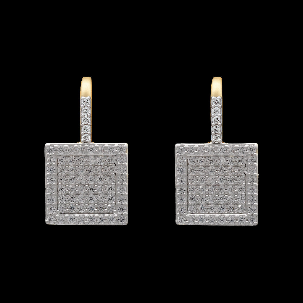 Be-Je Designs Gold Pave CZ Square Lever Back Earrings feature cubic zirconia pavé-set in square drops with gold lever backs, creating a sparkling, textured look. Displayed against a black background.