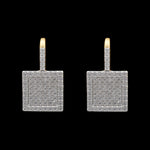 Be-Je Designs Gold Pave CZ Square Lever Back Earrings feature cubic zirconia pavé-set in square drops with gold lever backs, creating a sparkling, textured look. Displayed against a black background.