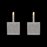 Be-Je Designs Gold Pave CZ Square Lever Back Earrings feature cubic zirconia pavé-set in square drops with gold lever backs, creating a sparkling, textured look. Displayed against a black background.