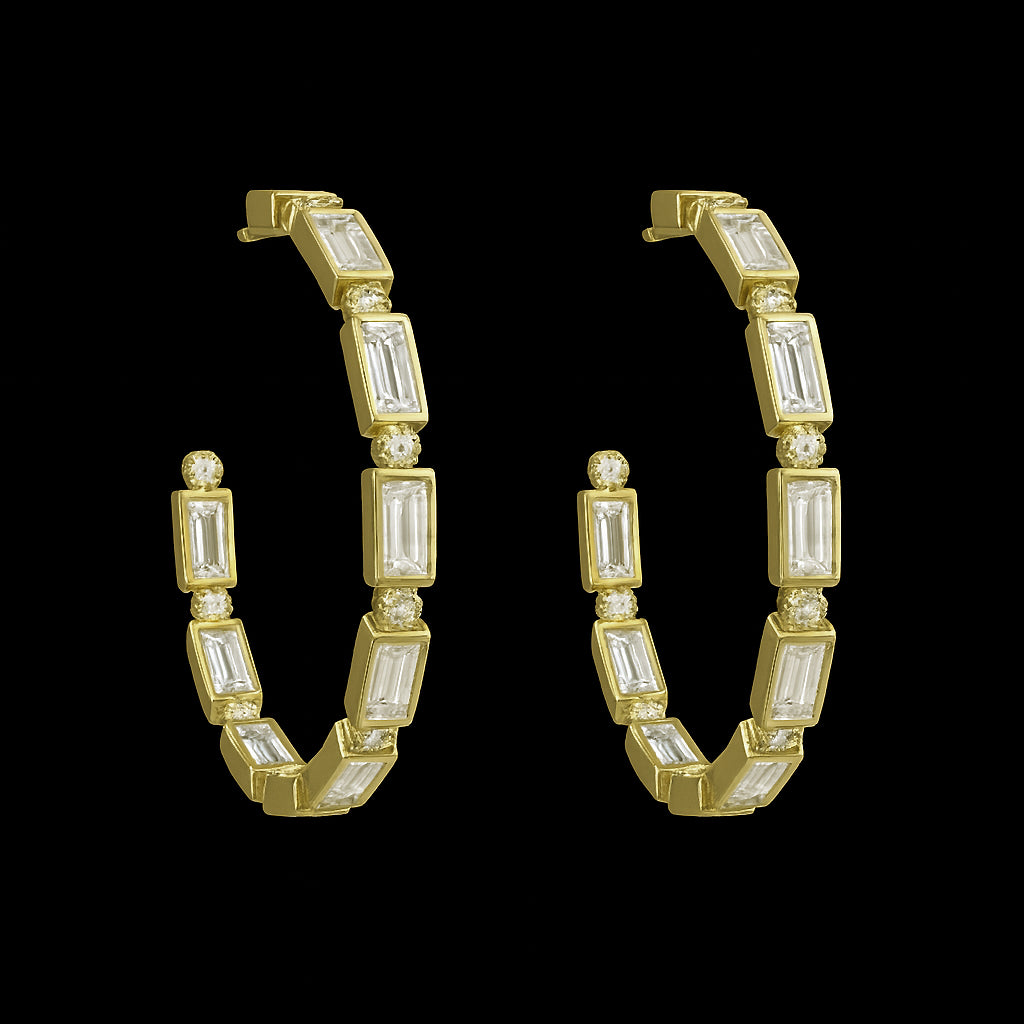 The Be-Je Designs Gold CZ Rectangles Hoop Earrings feature a modern gold design with sparkling cubic zirconia, perfect for any occasion.