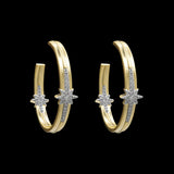 The Gold Pave Stars Hoop Earrings by Be-Je Designs feature handcrafted gold electroplating, a row of small diamonds, and a central star-shaped diamond accent, shown against a black background.