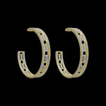 Be-Je Designs' Gold Hoop Pavé CZ/Link Inset Leverback Earrings feature open rectangular cutouts and sparkling CZ stones along the outer edges, elegantly showcased on a black background.