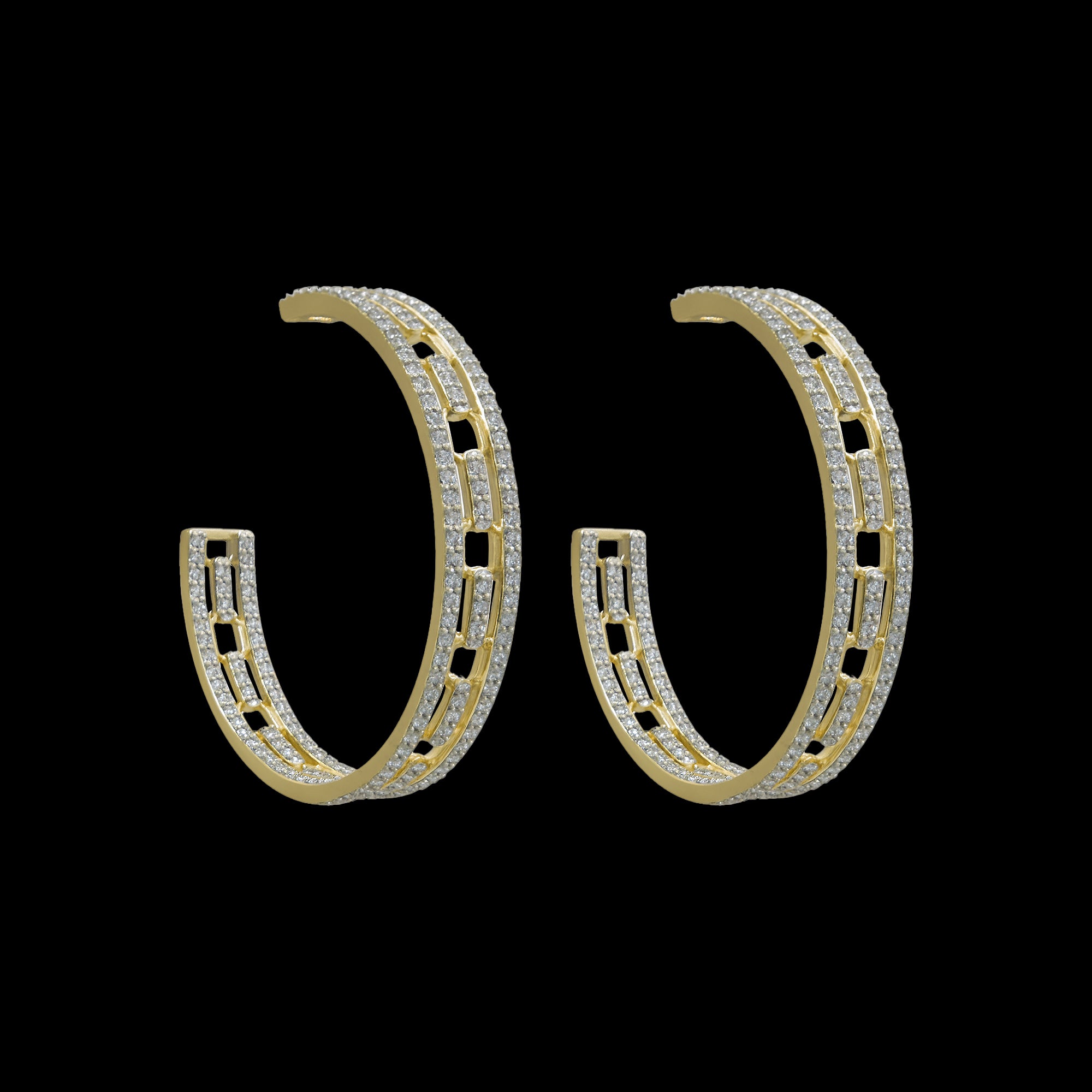 Be-Je Designs' Gold Hoop Pavé CZ/Link Inset Leverback Earrings feature open rectangular cutouts and sparkling CZ stones along the outer edges, elegantly showcased on a black background.