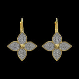 Be-Je Designs Matte Gold 4 Petal Flower Pave CZ Leverback Earrings feature four pave CZ-encrusted petals and a smooth matte gold center, beautifully showcased against a black background.