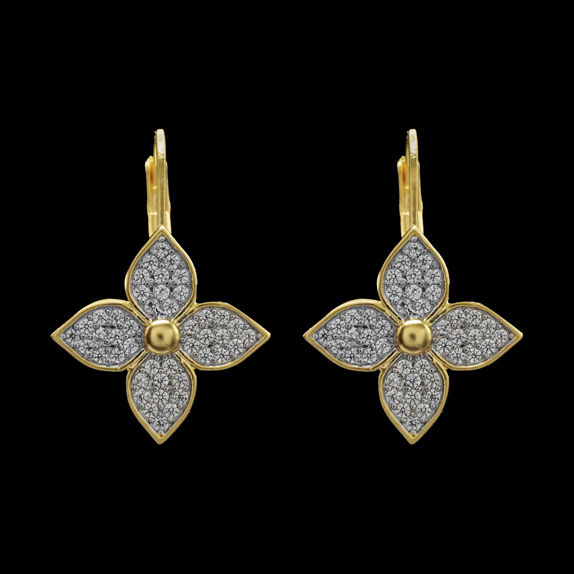 Be-Je Designs Matte Gold 4 Petal Flower Pave CZ Leverback Earrings feature four pave CZ-encrusted petals and a smooth matte gold center, beautifully showcased against a black background.