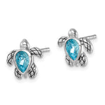 Presco/Quality Gold Swarovski Crystals Turtle/Aquamarine Stud Earrings: sterling silver studs shaped like sea turtles, each with a blue teardrop aquamarine crystal shell for a charming, ocean-inspired look.
