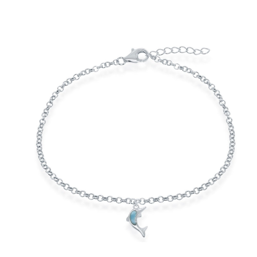 The Classic of New York Larimar Dolphin Dangle Anklet features a delicate silver chain, dolphin charm with light blue Larimar accent, and adjustable clasp—ideal for fans of unique Larimar jewelry.