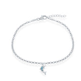 The Classic of New York Larimar Dolphin Dangle Anklet features a delicate silver chain, dolphin charm with light blue Larimar accent, and adjustable clasp—ideal for fans of unique Larimar jewelry.