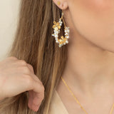 A woman with long, light brown hair wears Holly Yashi's Rafaela Gold & White Earrings. Her hand rests near her cheek, partially obscuring her face, while gold and white accents catch the light.