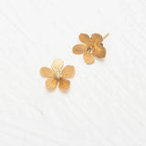 The Petite Plumeria Post Gold/Champagne Earrings by Holly Yashi feature textured flower-shaped studs with sparkling champagne centers, set on gold-filled posts—a charming accessory for any garden party, shown against a white textured background.