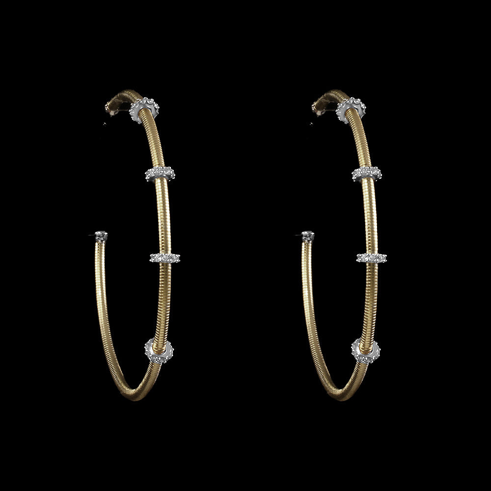 A pair of large, handcrafted Be-Je Designs Gold Filled Matte Hoops with clear rondels is displayed against a black background.