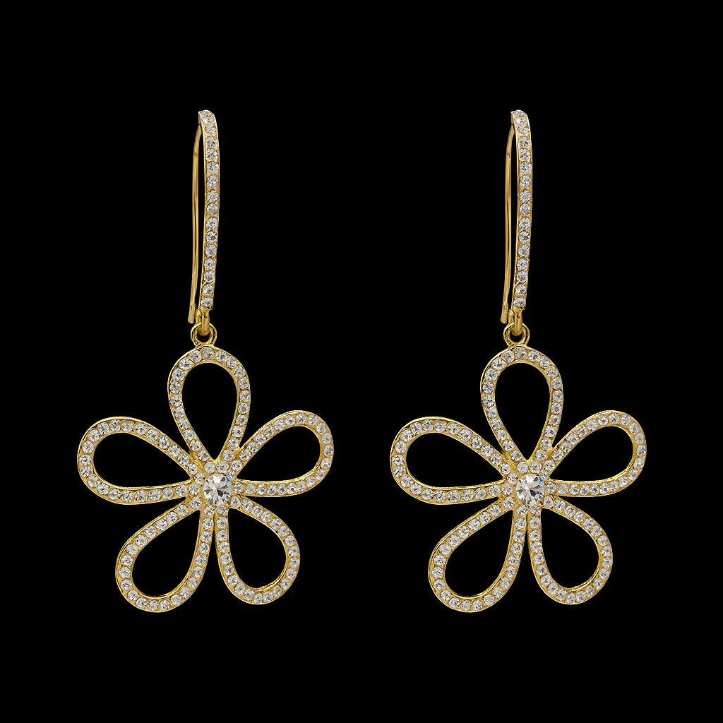 Be-Je Designs Gold Pave Open Flower Earrings feature handcrafted 14kt gold flower-shaped pendants with sparkling cubic zirconia on each petal, beautifully displayed against a black background.