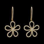 Be-Je Designs Gold Pave Open Flower Earrings feature handcrafted 14kt gold flower-shaped pendants with sparkling cubic zirconia on each petal, beautifully displayed against a black background.