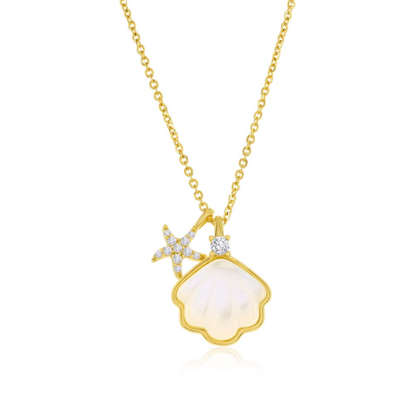 The Classic of New York Gold Plated Mother of Pearl Scallop Shell w/CZ Starfish features a gold-trimmed mother of pearl shell and a gemstone-encrusted starfish charm on a delicate gold chain.