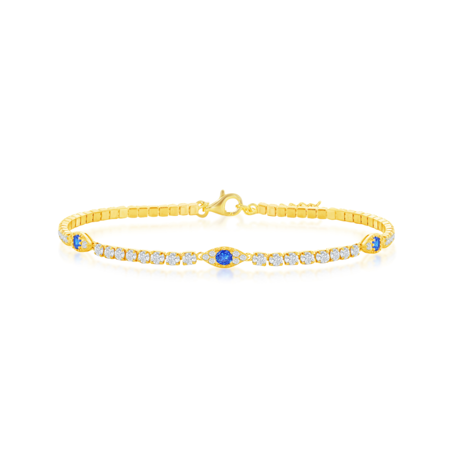 The Gold Plated CZ Evil Eye Tennis Bracelet by Classic of New York features a central blue gemstone, clear and blue accent stones, and a slim, elegant band with a clasp closure.