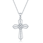 The Classic of New York Sterling Silver CZ Filigree Cross Necklace features a delicate chain and a cross adorned with sparkling gemstones and an elegant, intertwined ribbon design for timeless beauty.